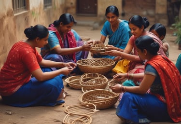 Photo of smiling rural women crafting handmade items in a sunlit workspace.