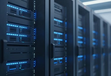 An image of a high-end server room with subtle blue LED lights, representing the data-driven backend of performance marketing. Clean and sophisticated, utilizing #1C2541 and #E0FBFC.
