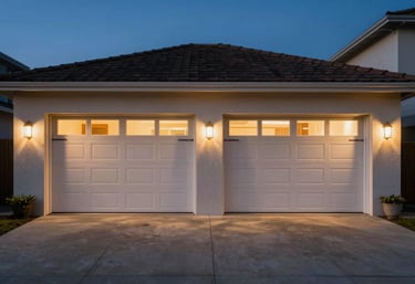 A wide-angle shot of a beautifully finished garage door installation on a Los Angeles driveway at dusk. The warm interior garage lights contrast with the cool, professional dark blue sky.