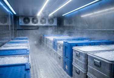Insulated  shipping containers filled with ice inside a cold storage refrigerated truck.