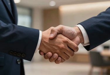 A close-up of a firm handshake between two partners in a Southeast Asian / Indonesian business setting, elegant Deep Midnight Blue suit sleeves visible, warm indoor lighting.