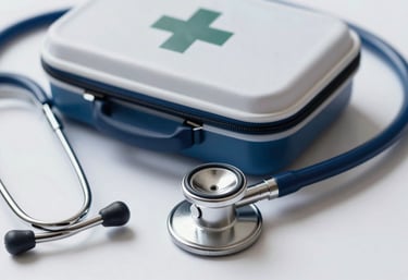 Close-up of a first aid kit and a modern stethoscope resting on a white surface, clean medical photography with blue accents.