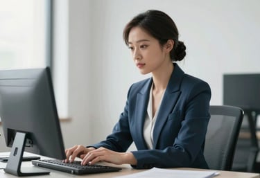 A professional woman in a dark slate blue blazer working in a bright, clean, minimalist office environment.