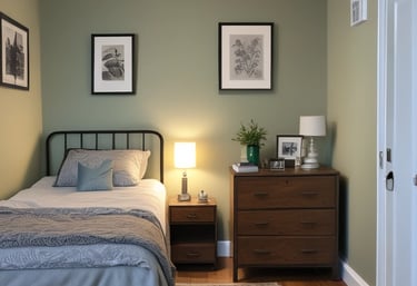 a bedroom with a bed and two chairs