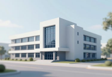 A stylized architectural icon of a modern school building with clean geometric lines in #F5F8FA and #1A2E35, representing stability.