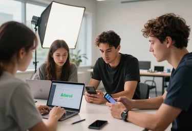 A bright, professional North American studio space where a team is collaborating around an Android dev kit. The lighting is innovative and professional.