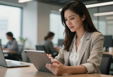 A professional woman in a modern North American office using an Android tablet to present a design concept. The atmosphere is inspiring, professional, and approachable.