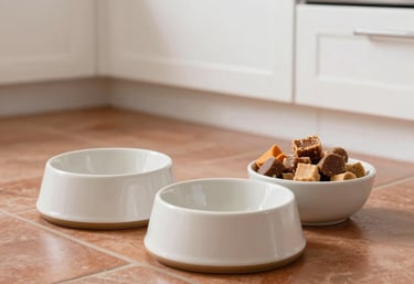 Clean, ceramic dog bowls and organic treats arranged on a terracotta floor in a bright, modern Southern European kitchen.