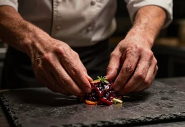 A close-up of a chef in a North American / US restaurant preparing an artisanal dish. Low-key lighting emphasizes deep ripe crimson and dark forest charcoal tones.