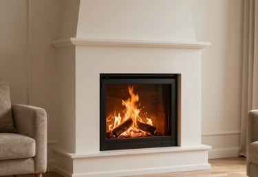 Warm fireplace glowing inside a home after chimney service.