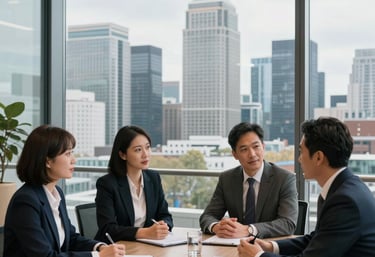 A confident professional reviewing financial documents with a client in a modern London office.