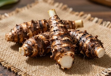 Artistic shot of freshly harvested yucca and malanga roots on a natural fiber mat, Latin American tropical sunlight highlighting the textures.