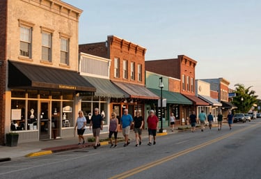 A bustling main street in a small US town that has undergone revitalization. Local shopfronts are clean and thriving, with residents walking along a well-lit sidewalk during the late afternoon.