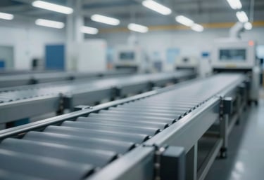 An image of a high-speed conveyor belt in a logistics hub, blurred to indicate motion and speed, using a palette of #F4F7F8 and #2F4858.