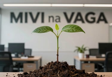 An aesthetic photograph representing growth: a young plant thriving in a clean, modern office setting in Brazil, symbolizing the professional growth MIVI na VAGA provides.
