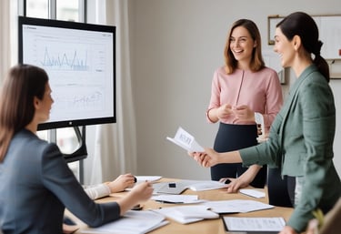 Professional accountant assisting a client with paperwork in a modern office.
