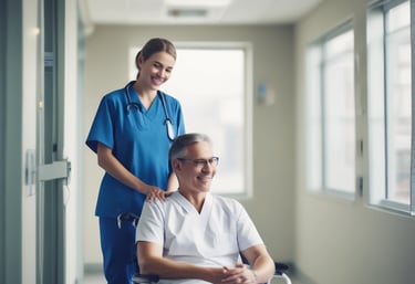 A friendly driver helping a passenger into a comfortable vehicle outside a hospital entrance.