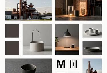 A moodboard in a designer's studio featuring photos of German industrial architecture, minimalist product details, and typography samples. Very organized and clean.