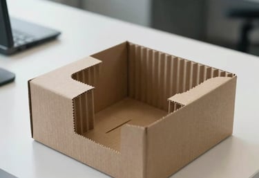 A close-up of high-quality industrial packaging prototypes, including a complex die-cut corrugated insert, shown in a clean, brightly lit European design office.