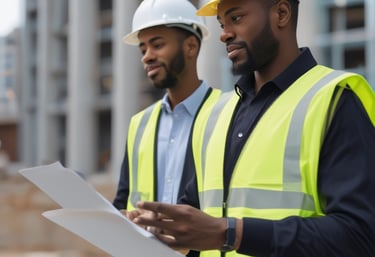 Project manager discussing progress with clients on site.