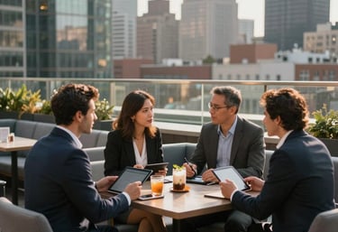 A wide shot of a modern rooftop lounge in a North American city. Professionals are engaged in intense conversation with tablets and drinks.