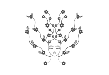 Minimalist line art illustration of a woman face with floral vines growing as hair.