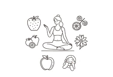 Line art illustration of a woman in a yoga pose surrounded by healthy fruits for wellness and nutrition.