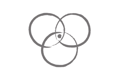 Gray hand-drawn triple interlocking circles logo with a central dot on a white background.