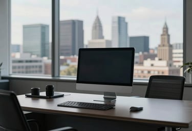 A minimalist view of an executive office desk with high-end technology and a view of a European financial district through the window, sophisticated lighting.