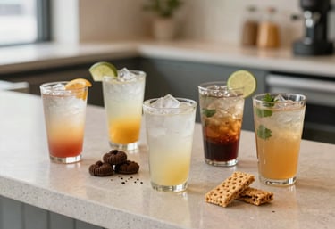 A selection of clean, healthy post-workout refreshments and organic snacks on a minimalist stone counter in a bright North American wellness cafe.