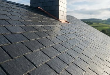 Gros plan sur une couverture neuve en ardoise naturelle posée par DM Rénovation, expert couvreur dans le Finistère