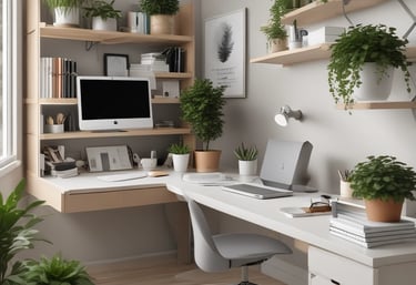 A sleek desk setup featuring a colorful desk mat, stylish poster, and modern office accessories.