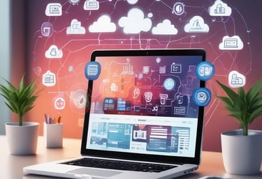 Close-up of hands typing on a keyboard with a neat desk setup in the background.