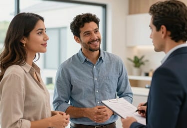 A happy family signing a property reservation contract in a bright office.