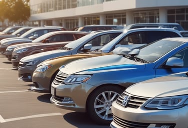 A friendly car salesman assisting a customer inside a bright, modern dealership.
