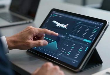 Close-up of a professional in a North American / US office analyzing aviation data on a sleek digital tablet, steel blue and dark navy tones.