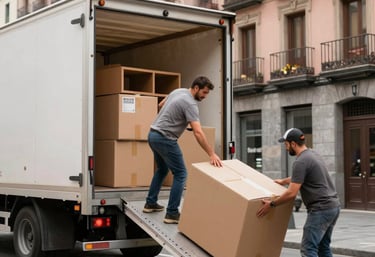Professional movers carefully packing and loading a luxury apartment.