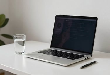 A minimalist and organized workspace with a laptop and a glass of water in a bright Brazilian room, representing modern digital health access.
