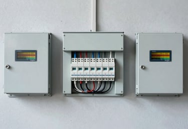 A series of industrial MCB boxes and distribution boards mounted on a clean, light grey textured wall, featuring professional wiring and a clear layout.