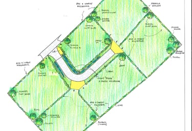 Plan masse paysager du lotissement Le Clos du Pressoir présentant l'organisation des 6 terrains, les