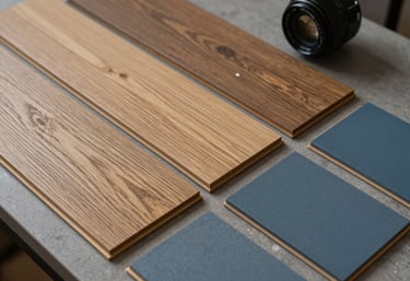 Samples of high-end laminate flooring in various wood finishes arranged neatly next to Slate Blue paint swatches on a designer's table.
