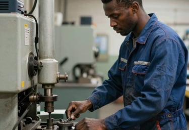 Technician inspecting a large industrial engine in a bright workshop