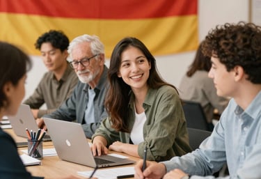 Students sitting in a classroom taking a language exam under supervision.