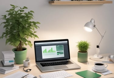 A friendly bookkeeper working on a laptop with financial documents spread out nearby.