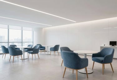 A bright and airy photograph of a modern office lounge area with Slate Blue chairs and clean Cloud White architecture, representing a sophisticated atmosphere.