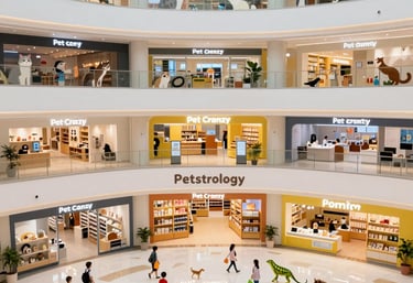 A vibrant, bustling multi-level pet mall with happy pets and owners exploring shops, a pet library, and a lively food court.