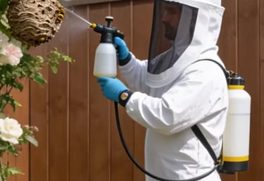 Wasp nest removal expert in a bee suit treating a nest in Holbeach.