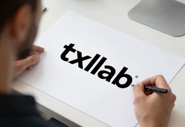 A creative workspace with sketches and digital tools for logo and video design.