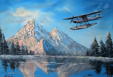 Image of Marc Lee's oil painting, "The Arctic Tern," a famous Cessna 140 on floats landing on a lake