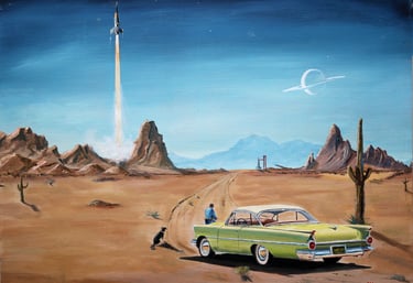 An image of Marc Lee's oil painting called, "Luna 7 Probe Launch, depicting a rocket launching.